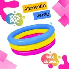 Piscina Infantil Inflável Redonda 140 LITROS e 260 LITROS com 3 Anéis Colorida