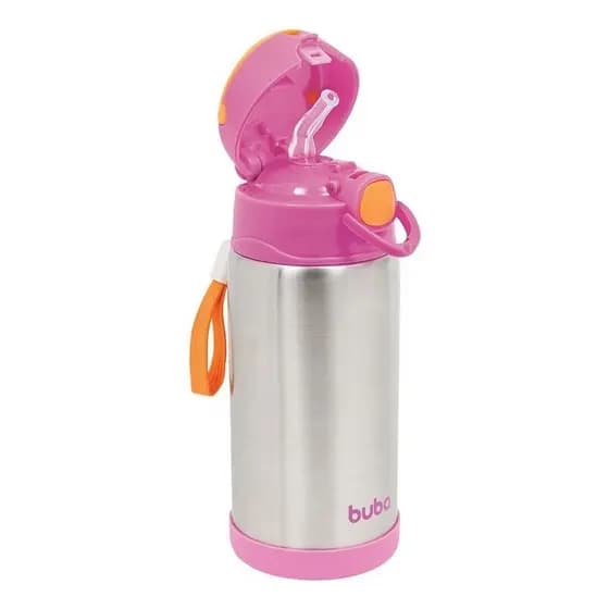 Garrafa Com Canudo De Silicone Buba Térmica Inox Cor: Rosa