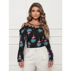 Onlyone - Blusa Feminina Estampa Flamingo com Tule Poá e Renda Ombro Vazado Manga Longa Tecido Leve e Elegante Moda Casu