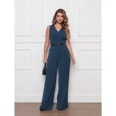 Macacão Feminino Pantalona Alfaiataria Elegante Decote V Cinto Social Casual Moderno Confortável Moda Feminina Trabalho