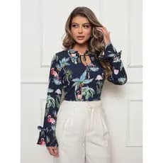 Onlyone - Blusa Feminina Estampa Flamingo Manga Longa Amarração Decote e Manga Tecido Leve Casual Elegante e Confortável