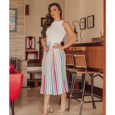 Saia Plissada Candy Color Tricot Elegante Midi Feminina