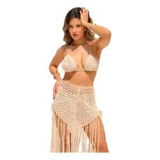 Conjunto Saia Franja Triângulo Top Flor Feminino Saída Luxo