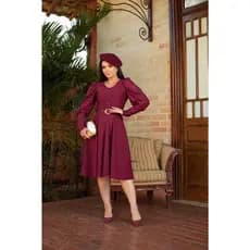 Vestido Elegante Emely Midi com Cinto e Mangas Bufantes Moda Evangélica