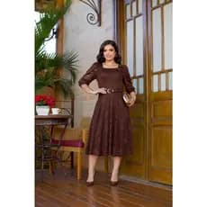 Vestido Luana Midi Feminino em Renda Godê com Cinto Manga Princesa Moda Evangélica
