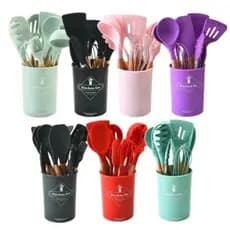 Jogo De Cozinha Kit C/12 Peças De Premium Silicone Utensílios E Copo Suporte Para Cabo De Madeira