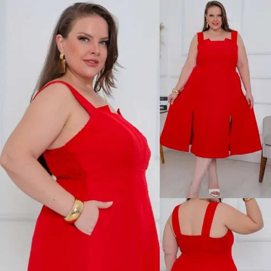 Vestido Plus Size Midi Elegante de Alfaiataria con Elastex nas Costas y Fenda na Frente
