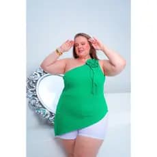 Blusa Femenina Plus Size de 1 Hombro con Flor y Fenda Lateral
