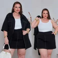 Conjunto Femenino Plus Size Short saia con Camisa de Alfaiataria