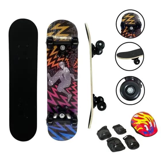 Skate Infantil C/ Kit Proteção Shape Radical C/ Licha Antiderrapante Menino Menina Montado