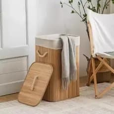 Cesto de roupa suja de bambu de72 litros com tampa e alça, forro espesso, adequado para uso na sala de estar e no banhe