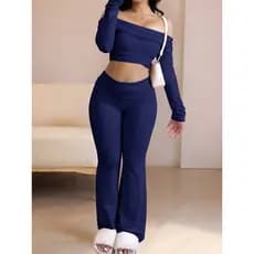 Conjunto de Cropped com Ombros à Mostra e Calça flare de Cor Sólida, Manga Longa, Minimalista