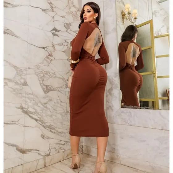 Vestido ANA Tubinho Manga Longa Midy Midi Longa Costa Nua Gringa