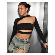 Cropped feminino decotado no meio quadrado gola alta manga longa tecido de suplex liso confortavel basico casual festas