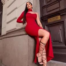 Vestido mula manca canelado com gola longo e fenda lateral de manga unica moda feminina