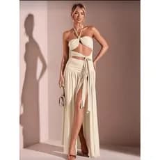 Vestido feminino longo com fenda na perna com bojo amarração no pescoço com decote fashion 2025  duplo frontal na frente