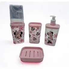 Conjunto Completo Minnie Mickey Para Banheiro 4 Peças  Porta Algodão + Sabonete Pia + Sabonete Líquido + Porta escova