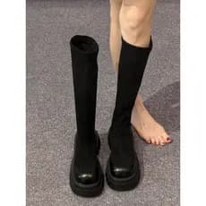 B. B. Botas de sola grossa femininas primavera outono botas femininas mas joelho pequenas botas pretas elásticas finas b