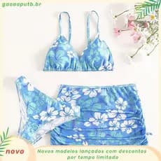 Biquíni juvenil sem bojo 3 peças com saia,Biquíni floral,rosaFatos de banho infantis de verão，6 a 16 anos