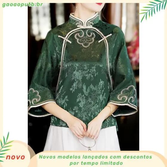 Blusa Verde Clássica Chinesa Para Mulheres Mais Tamanho 2023 Simulado Vintage De Seda Colarinho De Fivela 3/4 Mangas Ta