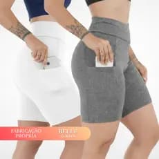 Kit 2 Shorts Fitness Feminino Com Bolso Lateral Suplex Slim Porta Celular Academia Verão 3038.KC