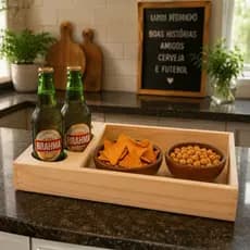 Bandeja Petiscos Madeira 30x20X6 cm, Suporte Copos Sofá, Cerveja