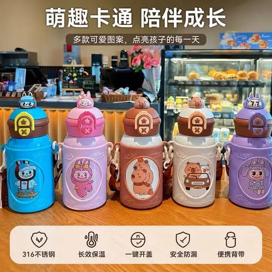 Garrafa Térmica Aço Inox Estampa Capivara Escolar Infantil com Canudo E Trava 500ml