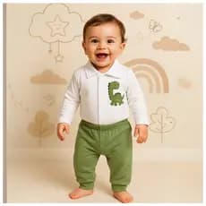Conjunto longo bebê body e calça bordado dinossauro 100% algodão premium