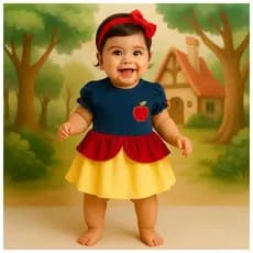 Body vestido bebê fantasia manga curta franzida azul vermelho e amarelo branca de neve com faixa de cabel