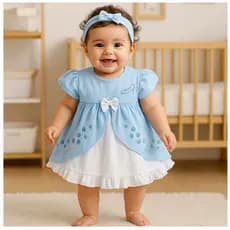 Body vestido bebê fantasia manga curta franzida azul e branco bordado princesa cinderela com faixa de cabelo