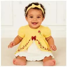 Body vestido bebê fantasia manga curta franzida amarelo bordado princesa bela e a fera com faixa de cabelo