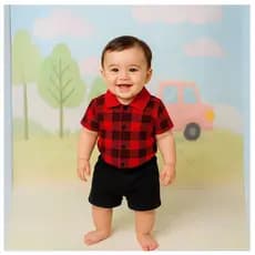 Conjunto curto infantil camisa vermelha xadrez com gola polo e botões e bermuda preto liso com bolso