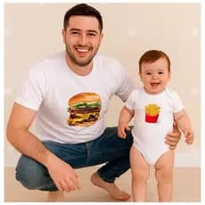 Kit Body Camiseta Tal Pai Mãe Filho 100% Algodão Hamburguer