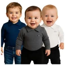 Body bebê manga longa com gola polo 100% algodão premium várias cores
