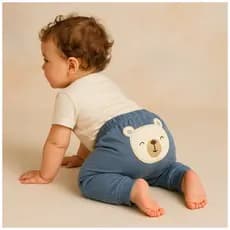 Calça Bebê Azul Com Punho E Bordado Urso