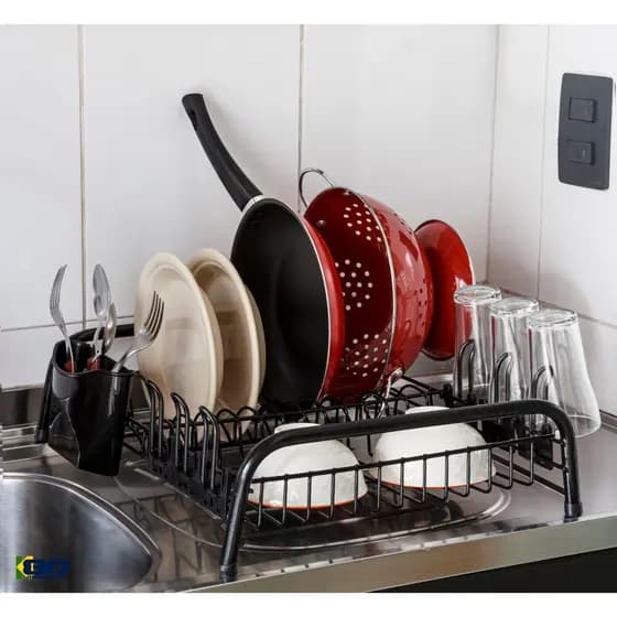 Escorredor de Louças 12 Pratos All Black com Porta Talher e Copos - Resistente