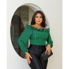 Blusa Xadrez Cropped Babado Manga Longa Veste 38/40 Lançamento Fashion Inverno 2026