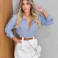 Camisa Social Feminina Risca  De Giz Listrada Ten....
