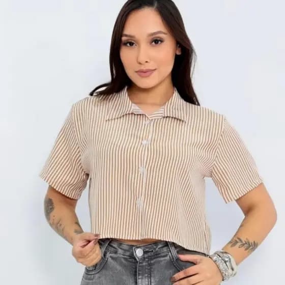 Camisa Social Feminina Manga Curta Listras Estilosa 2026