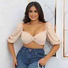 cropped manga curta trançado no busto  moda femenina