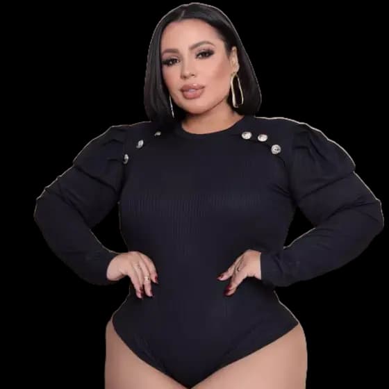 Body  plus size canelado luxo manga princesa com detalhe de botões na frente com fecho