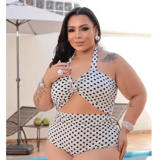 Biquíni Plus Size moda poa , Hot Pant, Cintura Alta, Suplex G1, Veste 48-52, Neon lançamento verão