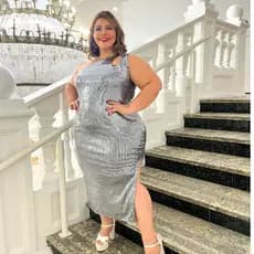 Vestido luxo festa paetê plus size manga nula com forro