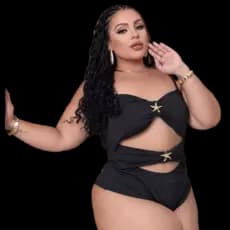 Maiô Preto luxo body com detalhe de estrela do mar plus size com bojo e alça