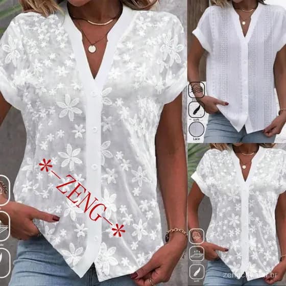 Camisa Elegante De Manga Curta Impressa Verão 2024 LadyV Costura De Renda De Pescoço S-XXL