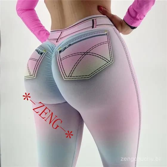 Calças De Fitness Yoga Alta Elasticidade Impressão Imitação Jeans Leggings Calças De Cintura Alta Legging Mulheres