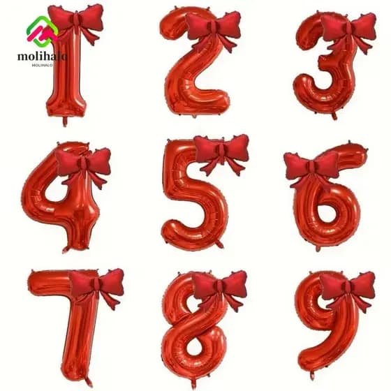 Balão Digital 0-9 Com Número MOLIHALO , Balões De Folha Vermelha Laço Vermelho , Grandes Festa De Aniversário De 32 Pole
