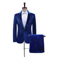 Vestido de performance de palco masculino com foto de estúdio fotográfico, veludo liso, dourado, traje de corte, cerimôn