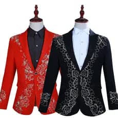 Masculino diamante quente solúvel em água renda incrustada flor terno anfitrião DJ cantor desempenho traje Photo Studio