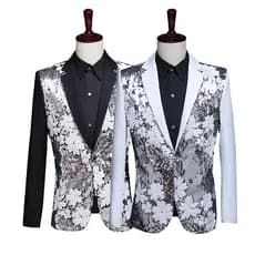 Novo terno de desempenho masculino flor lantejoulas preto branco vestido casaco superior cantor palco boate desempenho t